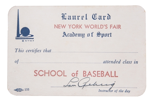 1939 Lou Gehrig Signed New York Worlds Fair Laurel Card (JSA)